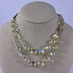 Vintage Clear Aurora Borealis Crystal 2 Strand Necklace W. Germany 14"